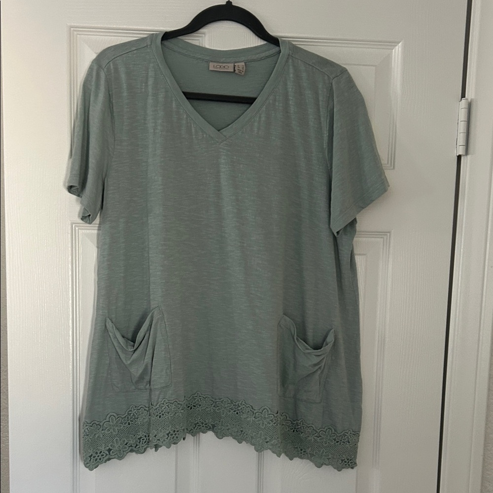 LOGO by Lori Goldstein Women's Green Lace Hem Tee